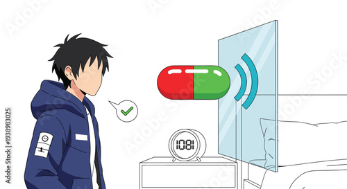 An anime-style young man in a blue hoodie interacts with a futuristic smart pill that is communicating with a transparent screen next to his digital alarm clock.