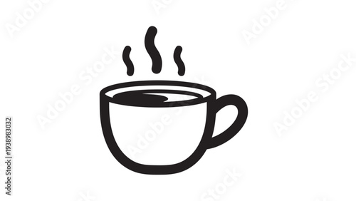 Steaming Coffee Cup in Simple Line Art with Black Silhouette on White Background for Cafe Branding