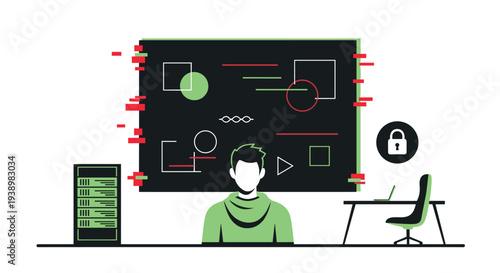 An anonymous hacker in a green hoodie sits in front of a large computer screen with glitching data next to a server rack and a secured laptop.
