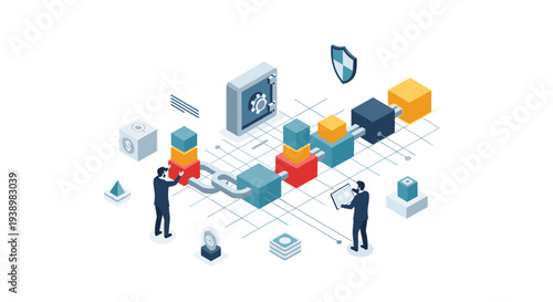 Two businessmen in suits build a secure blockchain network with interconnected blocks, a safe, and a shield icon in an isometric digital environment.