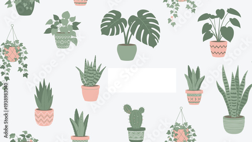 Potted plants and cacti seamless pattern featuring monstera aloe vera and snake plants in colorful ceramic pots.