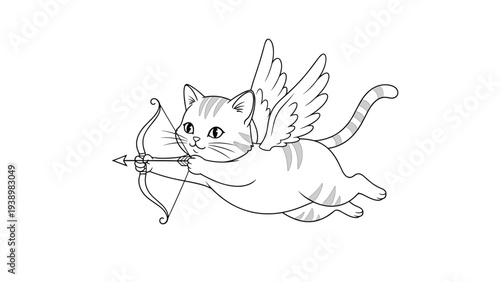 Cupid cat line art illustration featuring a cute winged feline aiming a bow and arrow for valentine day celebration.