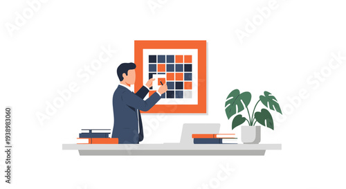 A businessman in a suit stands at his office desk organizing his schedule by placing a note on a large wall calendar next to a laptop and a plant.