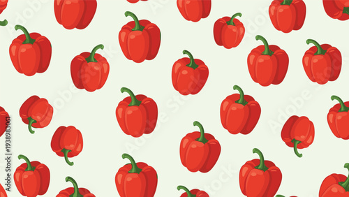 Red bell peppers seamless pattern depicting many ripe vegetables scattered over a light cream-colored background.