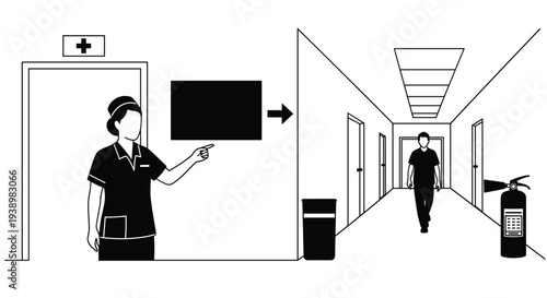 A nurse points to an evacuation sign while a person walks down a hospital corridor with a fire extinguisher, illustrating an emergency safety procedure.