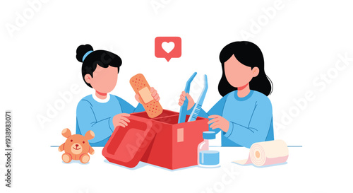 Two illustrated characters pack a red first aid kit with medical supplies, including a band-aid and tweezers, on a white background.