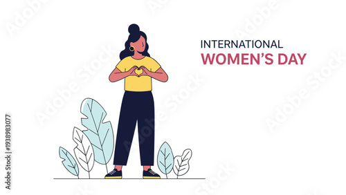 International women's day illustration with a woman making a heart sign with her hands among tropical leaves.