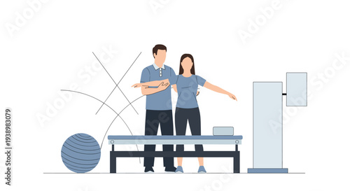 A male physical therapist assists a female patient with shoulder rehabilitation exercises in a modern clinic setting illustration.