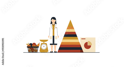 An illustrated female nutritionist stands with a food pyramid, a scale, and a basket of fruit to explain healthy eating concepts.