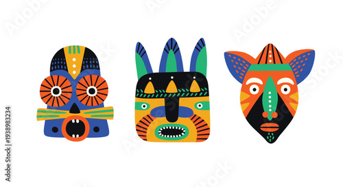 African ethnic mask illustration set. Tribal head or face art decorative national design. Exotic bright masquerade ancient culture ornament. Flat doodle boho style, symbol cartoon. Print, Africa.