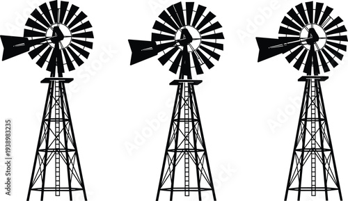 Windmill silhouettes, renewable energy icons, traditional farm windmills, rural landscape, mechanical energy, lattice tower, rotor blades, tail vane, sustainable illustration, agriculture