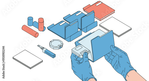 An isometric illustration showing gloved hands carefully assembling a medical testing kit from various components laid out on a clean, white surface, including folders, tubes, and a lancet.
