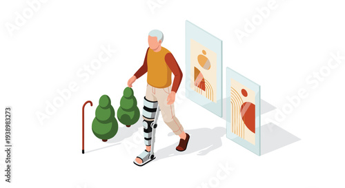 An isometric vector illustration of an elderly man with a prosthetic leg brace walking with a cane and carrying small trees through a modern, minimalist space with abstract art panels.