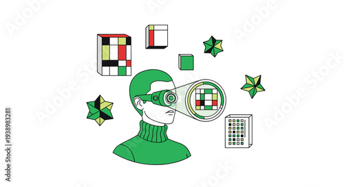 A vector illustration of a person in a green turtleneck using a futuristic monocular device to analyze a colorful grid, surrounded by abstract geometric shapes against a white background.