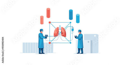 Two scientists in a laboratory setting analyze a 3D model of human lungs connected to medical equipment, illustrated in a flat vector style.