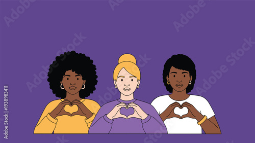 Three diverse women of different ethnicities making heart signs with their hands on a solid purple background.