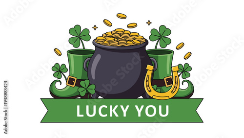 St. patrick's day celebration with a pot of gold green boots horseshoes and four leaf clovers for some good luck.