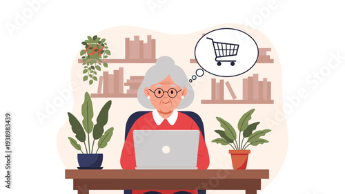 Senior woman using a laptop while thinking about online shopping represented by a cart in a thought bubble.