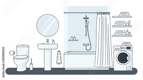 Modern bathroom interior design with bathtub sink toilet washing machine and shelves in a clean line art style.
