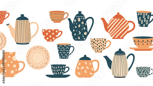 Charming tea time seamless pattern with various patterned teapots teacups and saucers on a white background.