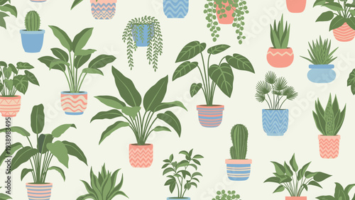 Diverse potted houseplants seamless pattern including monstera cacti and various palms in colorful ceramic pots.