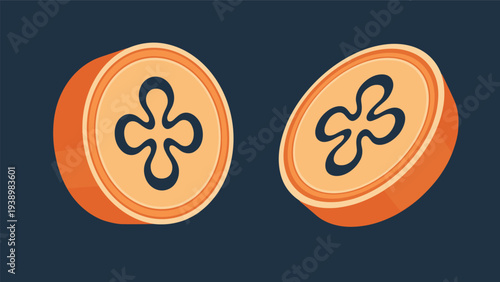 Two stylized orange orange slices showing their internal cross section with a four-lobed flower shape in the center against dark blue.