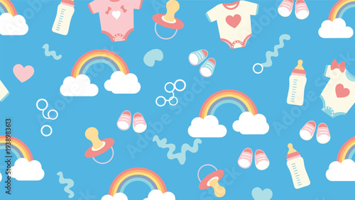 Seamless pattern featuring cute baby items like pacifiers, bottles, rainbow with clouds, hearts, and baby clothes on a bright blue background.