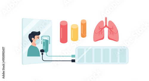 An illustrated character with a face mask uses a medical spirometry device for a lung capacity test, with lungs and bar charts displayed nearby on a white background.