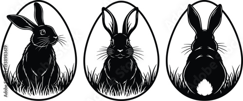 Black rabbit silhouettes in egg shaped frames with grass, featuring front, side, and back views for Easter holiday vector design and laser cutting.