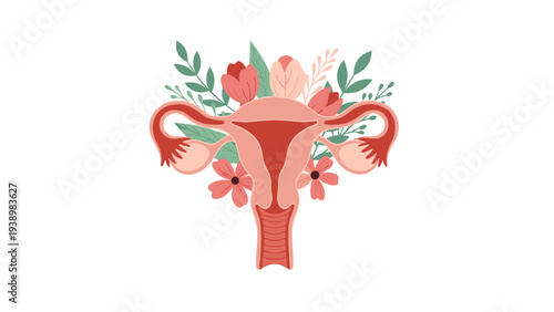 Anatomical illustration of the female reproductive system decorated with beautiful blooming flowers and green leaves on a white background.