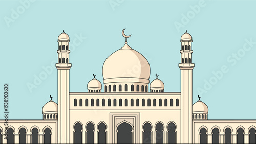 Large majestic mosque with a central dome, minarets, and a crescent moon symbol, rendered in a clean architectural style on light blue.