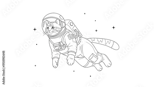 Charming black and white line art of a cute cat floating in space wearing a detailed astronaut suit among twinkling stars and planets.