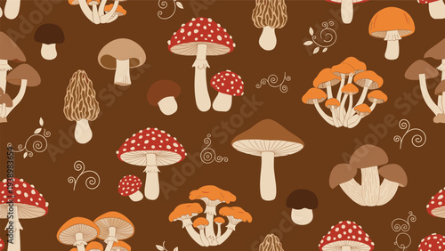 Seamless pattern of various woodland mushrooms including amanita muscaria and morels on a rich brown background with decorative swirls.