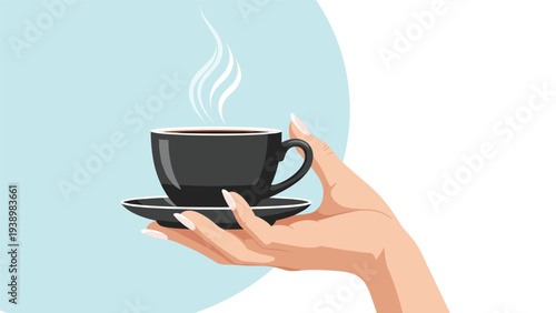 Hand with white manicured nails holding a black cup of steaming coffee or tea on a saucer against a soft blue circular background element.
