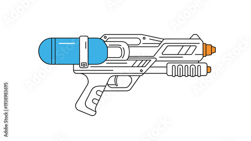 Detailed line art of a modern water gun or super soaker toy with a blue water tank and orange nozzle accents for outdoor play activities.