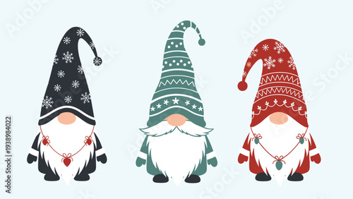 Three cute Christmas gnomes wearing tall decorative hats in blue, green, and red colors with snowflake and star patterns for the holiday.