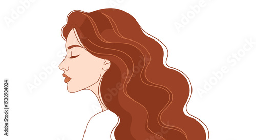 Beautiful woman with long wavy red hair in elegant profile view