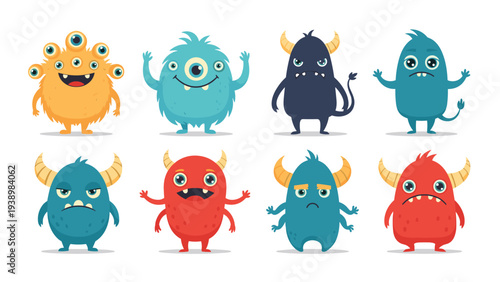 Set of eight colorful and funny monster characters with different expressions, shapes, and numbers of eyes, horns, or limbs for kids.