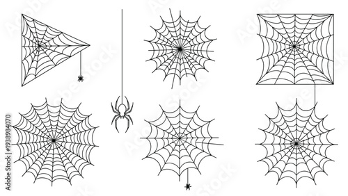 Set of various spider web designs in black line art, including a spider hanging from a thread and different geometric web shapes on white.