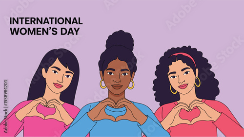 Diverse group of women of different ethnicities making heart shapes with their hands to celebrate International Womens Day on a purple background.
