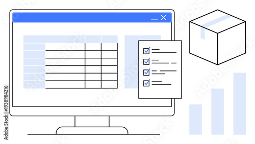 Data management solutions. Data management with computer interface, inventory checklist, and analytics graph. Data management for inventory, business, analytics, logistics, and planning