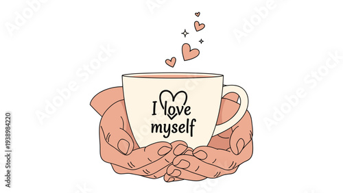 Gentle illustration of two hands holding a warm cup of coffee with text I love myself and hearts for self care, mental health and wellness.