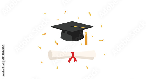 Graduation cap and diploma with confetti celebrating academic achievement