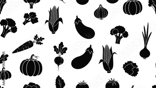 Seamless pattern featuring various vegetable silhouettes in black for healthy eating, gardening, and vegetarian food themes on a white background.