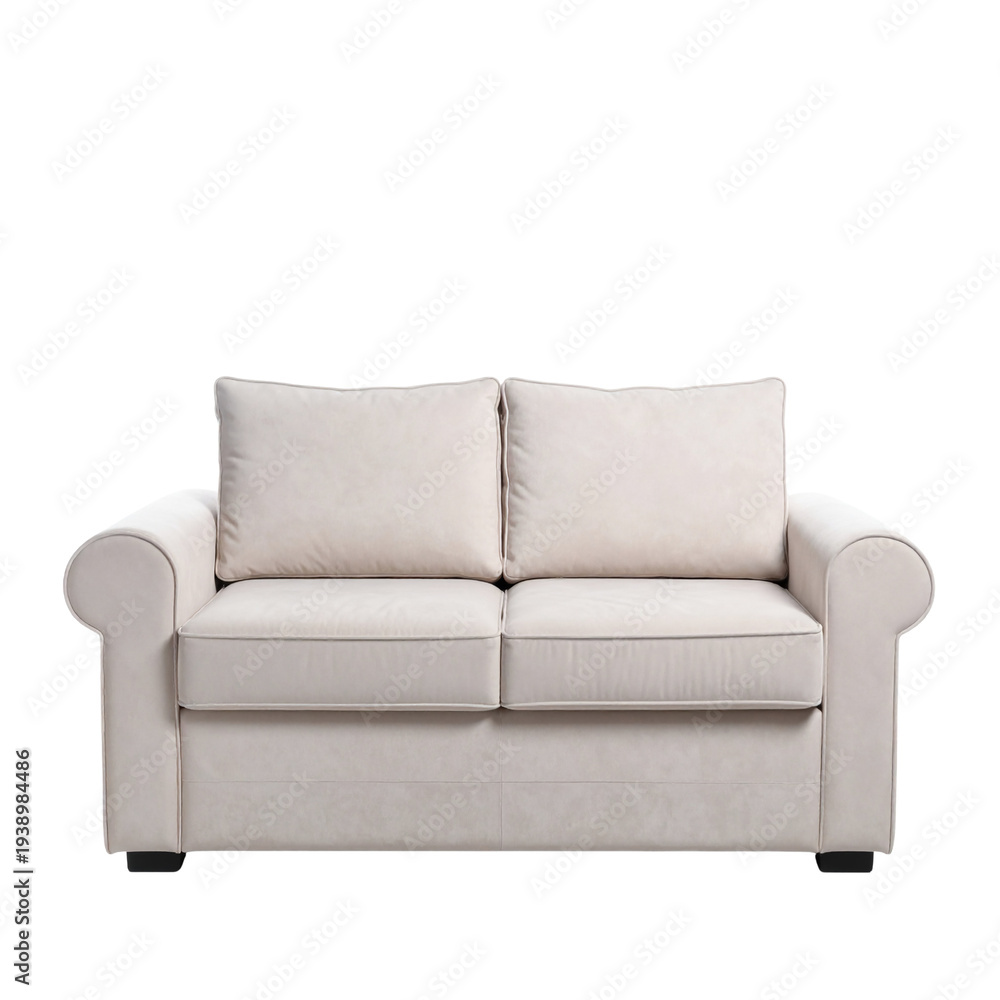 Fototapeta premium light colored fabric sofa with plush cushions and rolled arms stands centered isolated on transparent background. PNG die-cut for advertising