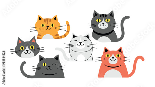 Fun collection of various colorful cartoon cat characters with different expressions and patterns for animal lovers and kids designs.