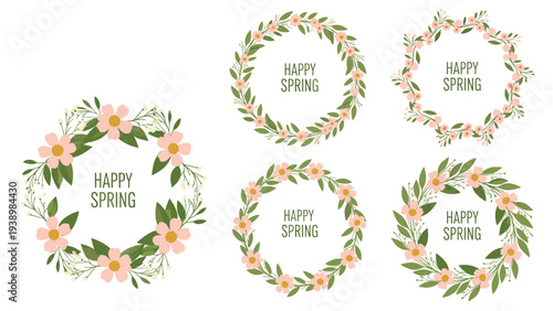 Elegant set of botanical floral wreaths with pink flowers and green leaves featuring the text Happy Spring for seasonal greetings and events.