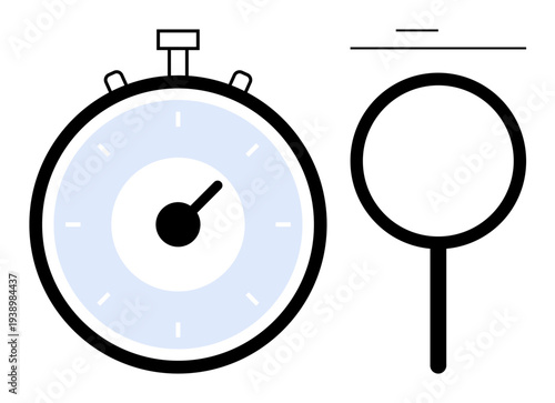 Time management, precision, analysis, efficiency, research, focus. A stopwatch and a magnifying glass in simple design. Time management and precision concepts ideal for many uses