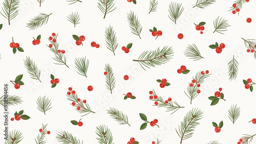 Seasonal seamless pattern with green pine branches and red holly berries on a light background for Christmas and winter holiday decor.