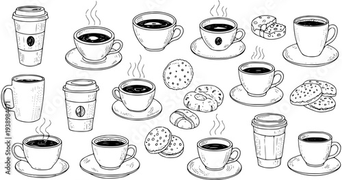 Black and White Hand-Drawn Coffee Shop Sketch Set with Hot Beverage Cups, Mugs, Cookies, and Donuts for Food and Drink Menu Design